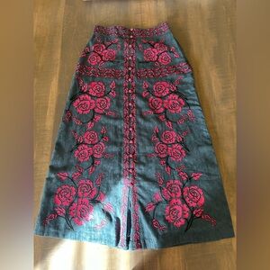 Anthropologie Embroidered Floral Midi Skirt in Teal with Pink Roses